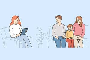 Family conversation with psychologist for parents and child in need of normalization relationships vector