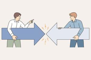 Confrontation business men arguing about company strategy and holding arrows in different directions vector
