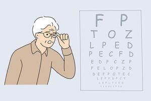 Vision test for elderly man looking at table with letters at appointment with ophthalmologist vector