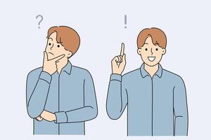 Man searches for answer to question and finds right solution after much thought and brainstorming vector