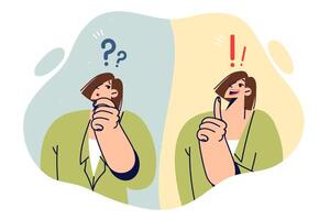 Woman brainstorms answer to question and rejoices when she comes up with ingenious solution vector