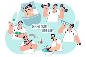 Boost your immunity is recommended by man, demonstrating various health benefits vector
