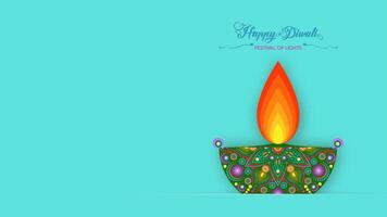 Happy Diwali Festival of Lights India Celebration template. Graphic banner design of Indian Diya Oil Lamp design. Paper cut style festive isolated on light blue background with copy space vector