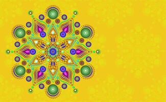 Indian Rangoli flower mandala background, colorful floral circle frame banner template, festive isolated on yellow background with copy space vector