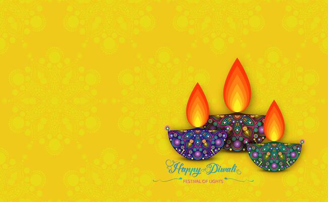 Happy Diwali Festival of Lights India Celebration template. Graphic banner design of Indian Diya Oil Lamps border frame design festive isolated on yellow background with copy space
