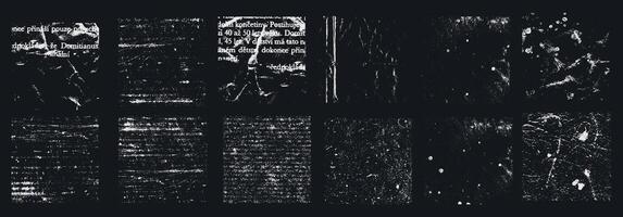 Grunge Dust and Scratches Texture Collection. Set of Worn Overlay Distressed Background. Black and White Dirty Wall Surface vector