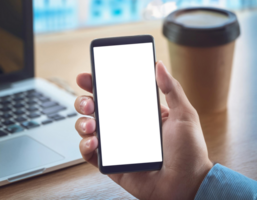 Man Holding Smartphone With Digital Wallet Interface in Modern Office Setting png