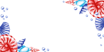Rectangular frame with corner elements in the form of shells. Isolated illustration on the theme of the underwater world for textile design, holidays with a marine theme, printing, restaurants png