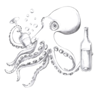 Octopus with wine glass and goblet, hand drawn pencil sketch. Isolated illustration in realistic style for fish restaurant design, menu, textile, bar card png