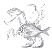 Two fish in seaweed, hand drawn pencil sketch. Isolated illustration in realistic style for fish restaurant design, menu, textile png