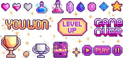 Pixel retro game interface elements. Heart, potion, gem, trophy, coin, star, chest, text buttons. 8 bit Video-game pixel magic items. Pixel game buttons in 80s - 90s style. illustration. vector