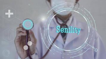 Senility text. Doctor using stethoscope on medicine background. Futuristic technology. data hologram healthy concept. video