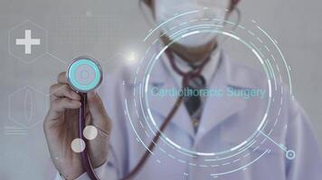 Cardiothoracic Surgery text. Doctor using stethoscope on medicine background. Futuristic technology. data hologram healthy concept. video