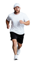 Man running in white t-shirt and cap with focused expression on transparent background png