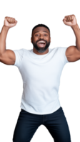Happy man raising fists in celebration and smiling joyfully on transparent background png