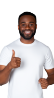 Smiling man giving thumbs up with confident expression and standing happily on transparent background png