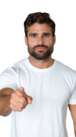 Man in white t-shirt pointing directly at camera with a confident expression on transparent background png