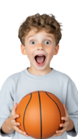 Young boy holding basketball and smiling confidently on transparent background png