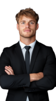 Confident businessman in suit crossing arms and looking serious on transparent background png