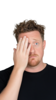 Man with hand on face looking concerned and thoughtful on transparent background png