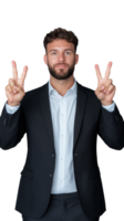 Businessman with beard making victory signs and smiling confidently on transparent background png