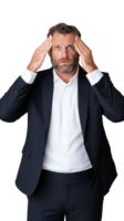 Businessman in formal suit touching his head with a thoughtful expression on transparent background png