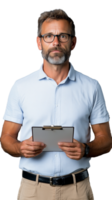 Mature man with glasses holding clipboard and smiling confidently on transparent background png