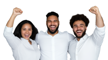Happy group of three celebrating success with arms raised and smiling on transparent background png