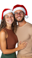 Smiling couple wearing Santa hats hugging and looking happy on transparent background png