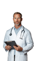 Confident male doctor with stethoscope and paper organizer folder standing and looking serious in white coat on transparent background png