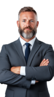 Mature businessman with beard crossing arms and looking serious in formal suit on transparent background png