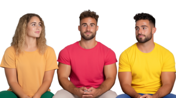 Three friends in colorful casual clothing sitting together, looking at each other and smiling on transparent background png