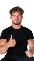 Man in black t-shirt giving thumbs up and smiling confidently while sitting on transparent background png