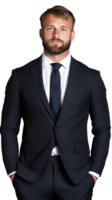 Businessman in dark suit with serious expression standing with hands at sides on transparent background png