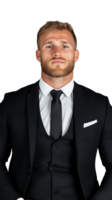 Businessman adjusting his tie while standing in formal suit with a determined expression on transparent background png