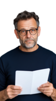 Businessman in casual outfit holding papers and reading them with focused expression on transparent background png