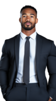 Smiling businessman in suit standing with hands in pockets, exuding confidence on transparent background png