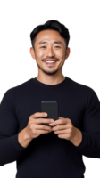 Smiling man in black shirt holding a smartphone and looking happy on transparent background png