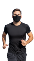 Man in black athletic gear running and wearing a face mask with a determined expression on transparent background png