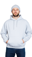 Man in light gray hoodie with hands in pockets, looking casual and relaxed on transparent background png