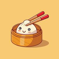 Dim Sum With Chopstick Cartoon Icon Illustration. Food Object Icon Concept Isolated Premium . Flat Cartoon Style vector