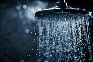 Shower head with water on a black background, the concept of cleanliness and neatness. A luxurious and relaxing atmosphere. photo