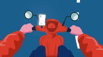 Motion graphics from the perspective of a scooter delivery driver, skillfully navigating the streets while frequently glancing at the phone mounted on the handlebars video