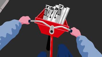 An animation showing the point of view of a paperboy riding a bicycle while delivering newspapers on the street video
