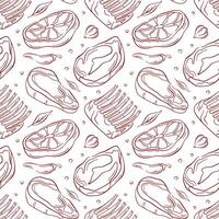 Seamless pattern with various meat cut, including steak, rib and chop in a line art style. Perfect for food packaging, background, butcher shop designs and culinary themes. vector