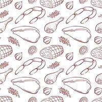 Seamless pattern of various meat cut, including chicken, sausage and ham in line art style. Ideal for food packaging, restaurant branding and culinary design. vector