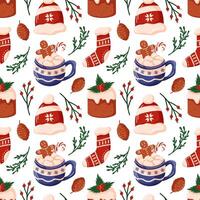 Festive seamless pattern with Christmas elements hot chocolate, gingerbread cookie, stocking, pine cone and winter hat. Ideal for holiday wrapping paper, textile and decor. vector
