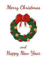 Festive Christmas and New Year card with a wreath with a red bow and ornament. Perfect for greeting card, holiday invitation or seasonal decoration. Bright and joyful design. vector
