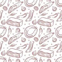 Seamless pattern of meat product, including sausage, bacon and salami line art style. Perfect for food branding, butcher shop design and culinary packaging. vector