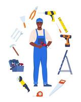 Repairman or mechanic and collection of tools. Black man character in uniform with set of professional instruments. illustration. vector